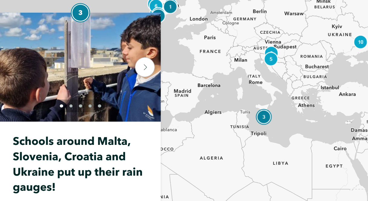 Two boys looking at a rain gauge at left and a map at right showing that the photo was taken in Malta