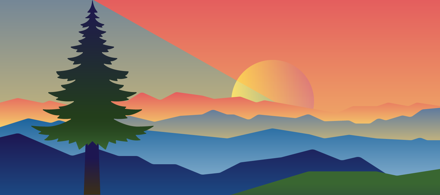 Trees Challenge graphic showing a drawing of a landscape of trees and mountains and the sun