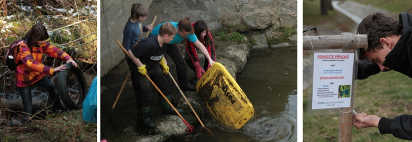 Three images are set side-by-side.  The first two show students cleaning up a stream.  The third shows a young man putting out a pollution awareness sign near the stream.