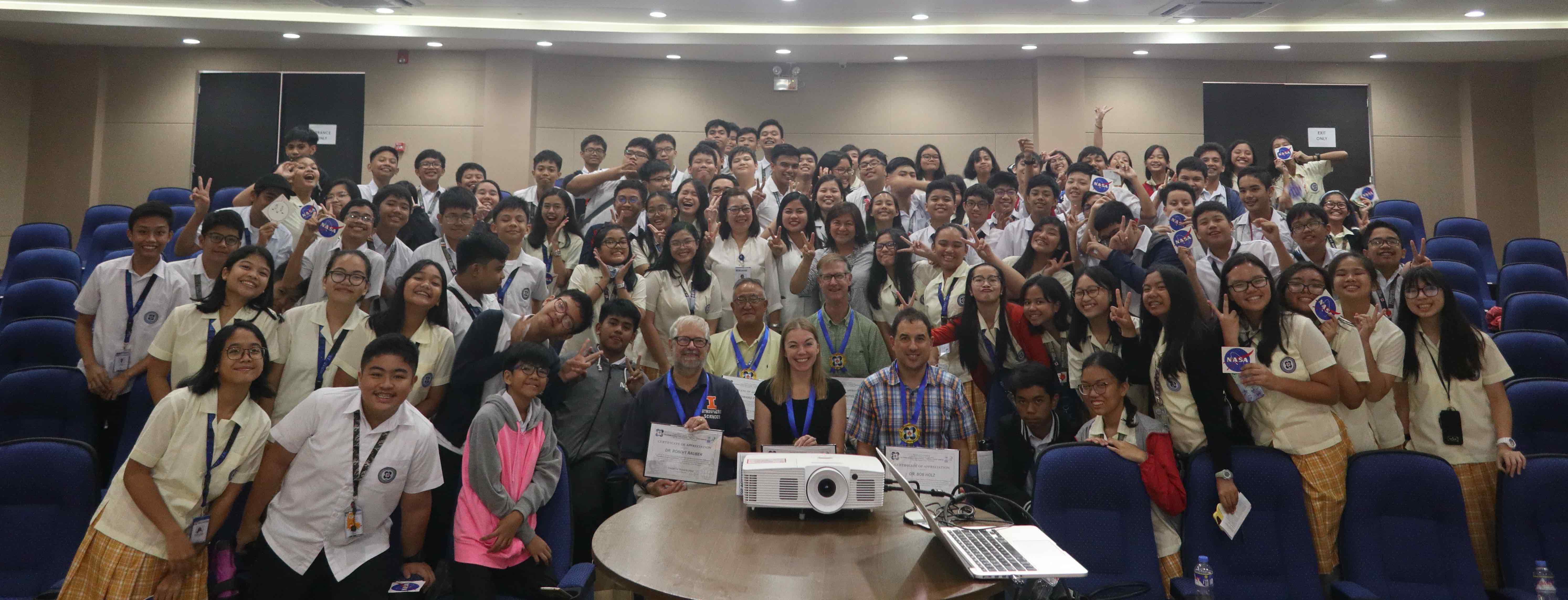 8th grade students from the Philippine Science High School Central Luzon Campus pose with the CAMP2Ex team (center) after a presentation about NASA Earth Science and CAMP2Ex at their school on 09 September 2019.