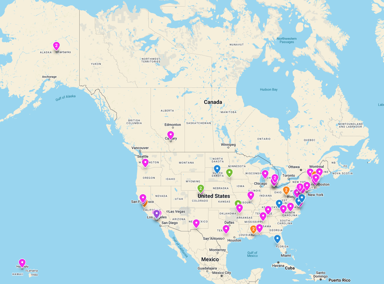 Map of locations of participants for the 2024 GLOBE North American Regional Meeting