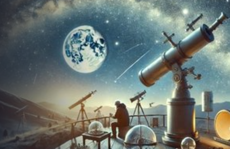 Decorative image of person sitting near numerous telescopes looking out at a blue and white planet and the stars of a galaxy