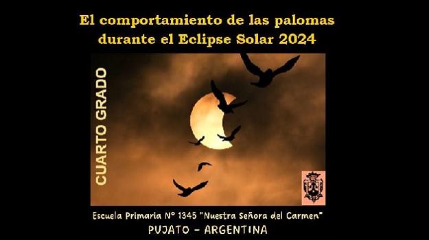 Se muestra el Sol eclipsado parcialmente con palomas que vuelan. Además se coloca el título del informe, la escuela y el grado a los que pertenecen los estudiantes