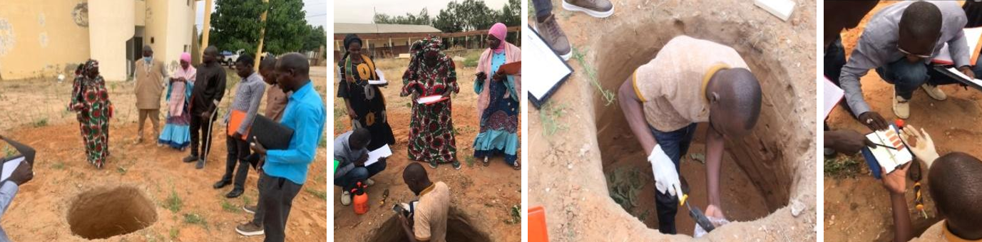 Various adults making observations in and around holes dug in arid soil