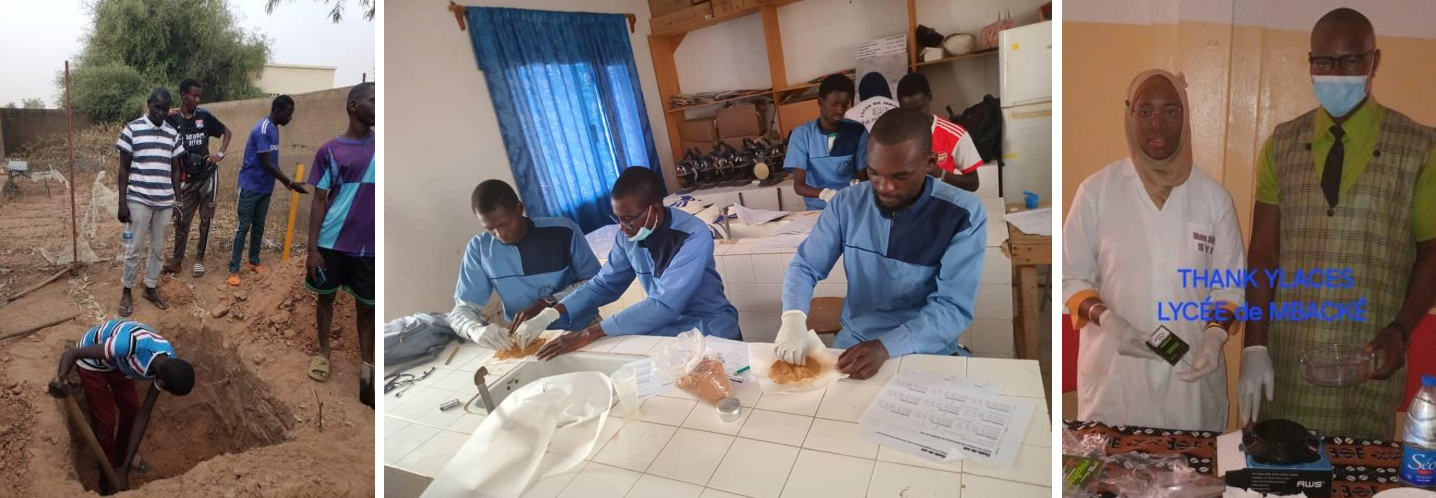 Students from Mbacké high school making soil observations and testing soil fertility