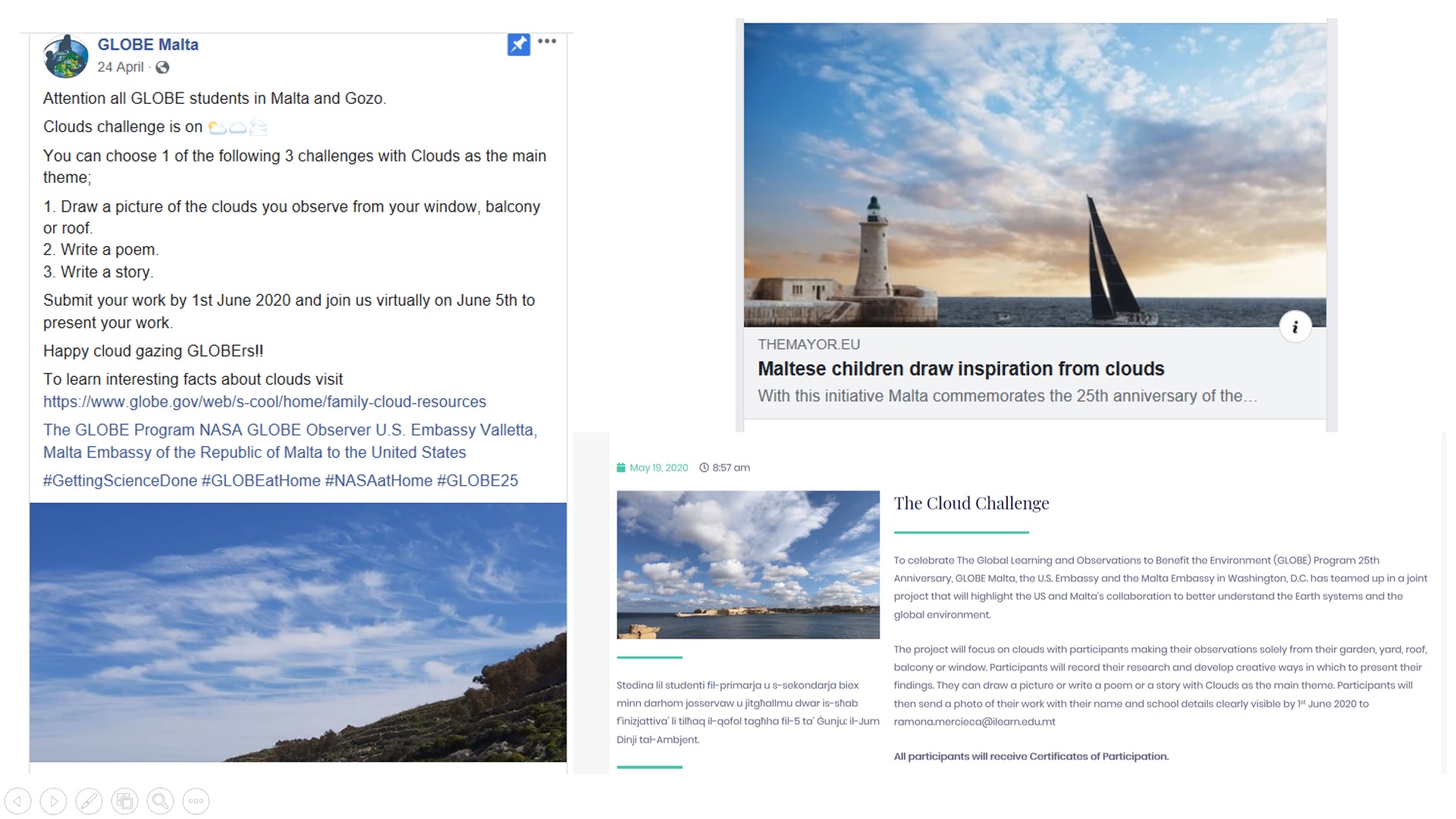 Promoting the GLOBE Malta Cloud Challenge on Social Media.