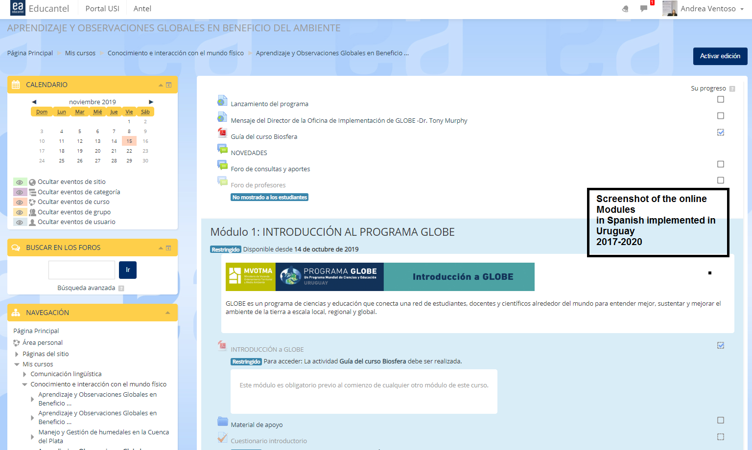 Screenshot of the online modules in Spanish, implemented in Uruguay, 2017-2020.