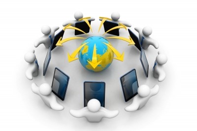 Graphic of a group of people on laptops connecting around the world