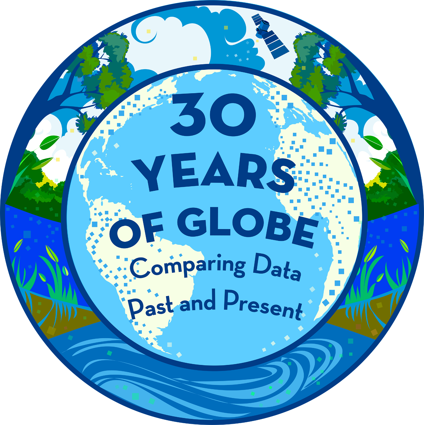 30 Years of GLOBE: Comparing Data Past and Present logo showing a globe, data and four spheres.