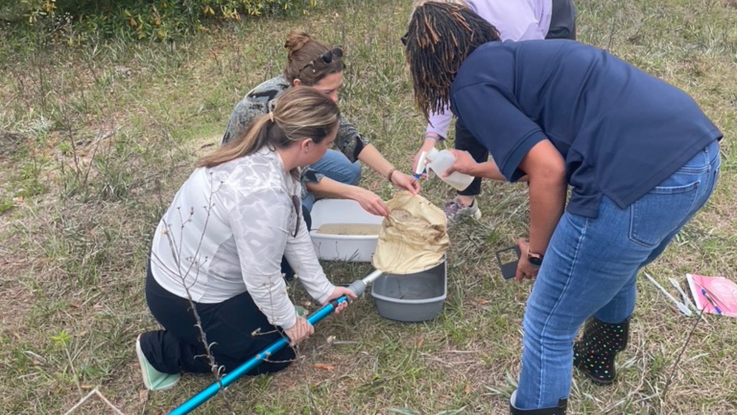 Educators use a net and a water bottle to place macroinvertebrates into a bucket for further study