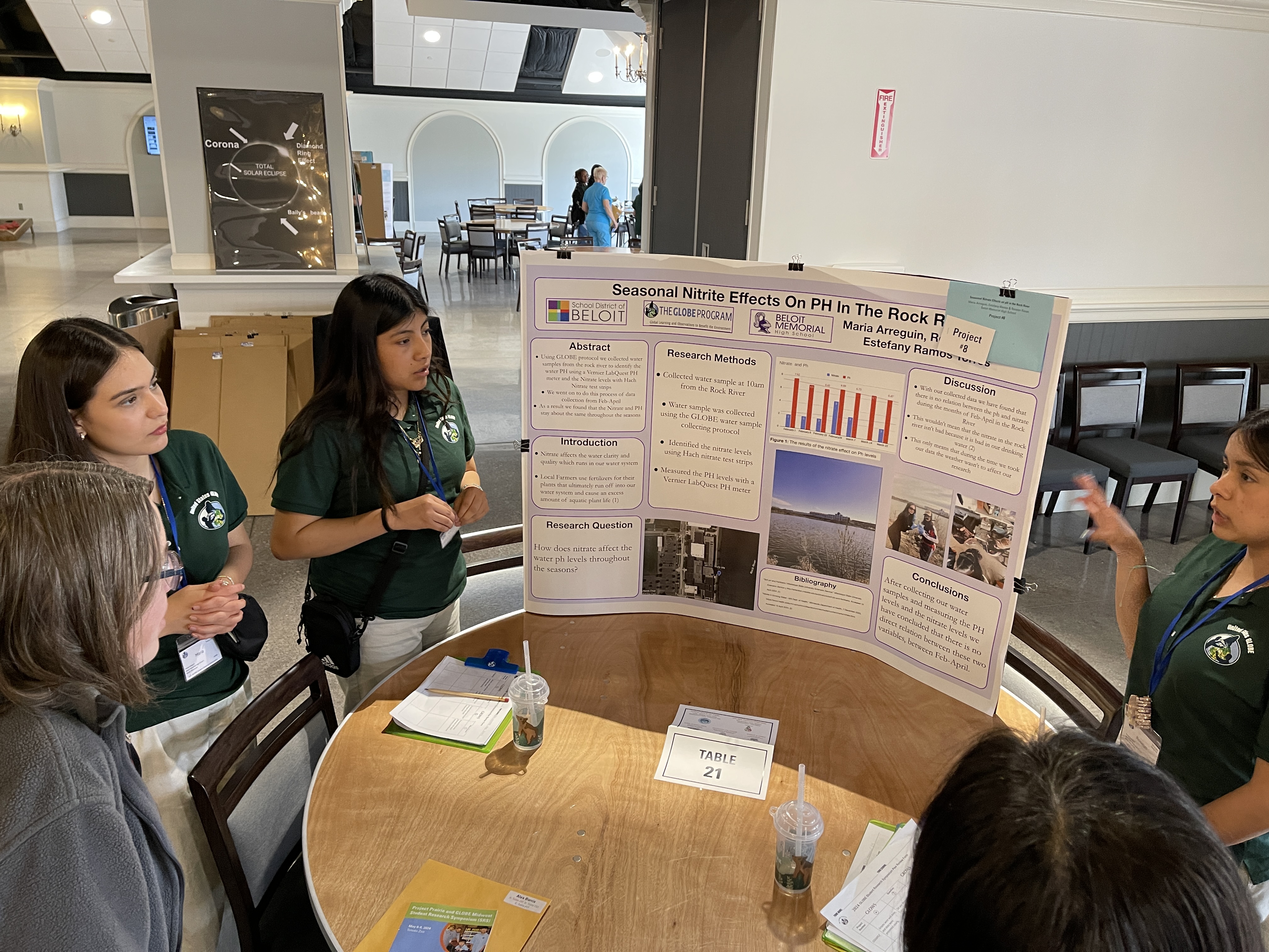 Three students present to STEM professionals at their poster