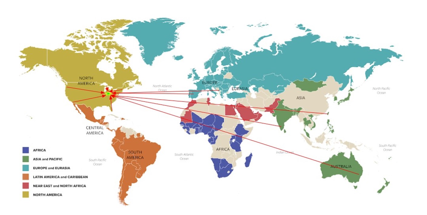 map of the world showing arrows pointing to Oregon, Ohio, from different points around the world where Joe Carstensen's students compared data to their own