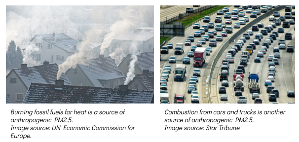 Left part of image: Burning fossil fuels for heat is a source of anthropogenic PM2.5. Image source: UN Economic Commission for Europe. Right part of image: Combustion from cars and trucks is another source of anthropogenic PM2.5. Image source: Star Tribune