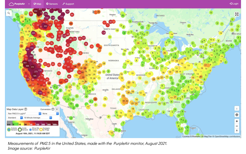 Measurements of PM2.5 in the United States, made with the PurpleAir monitor, August 2021. Image source: PurpleAir