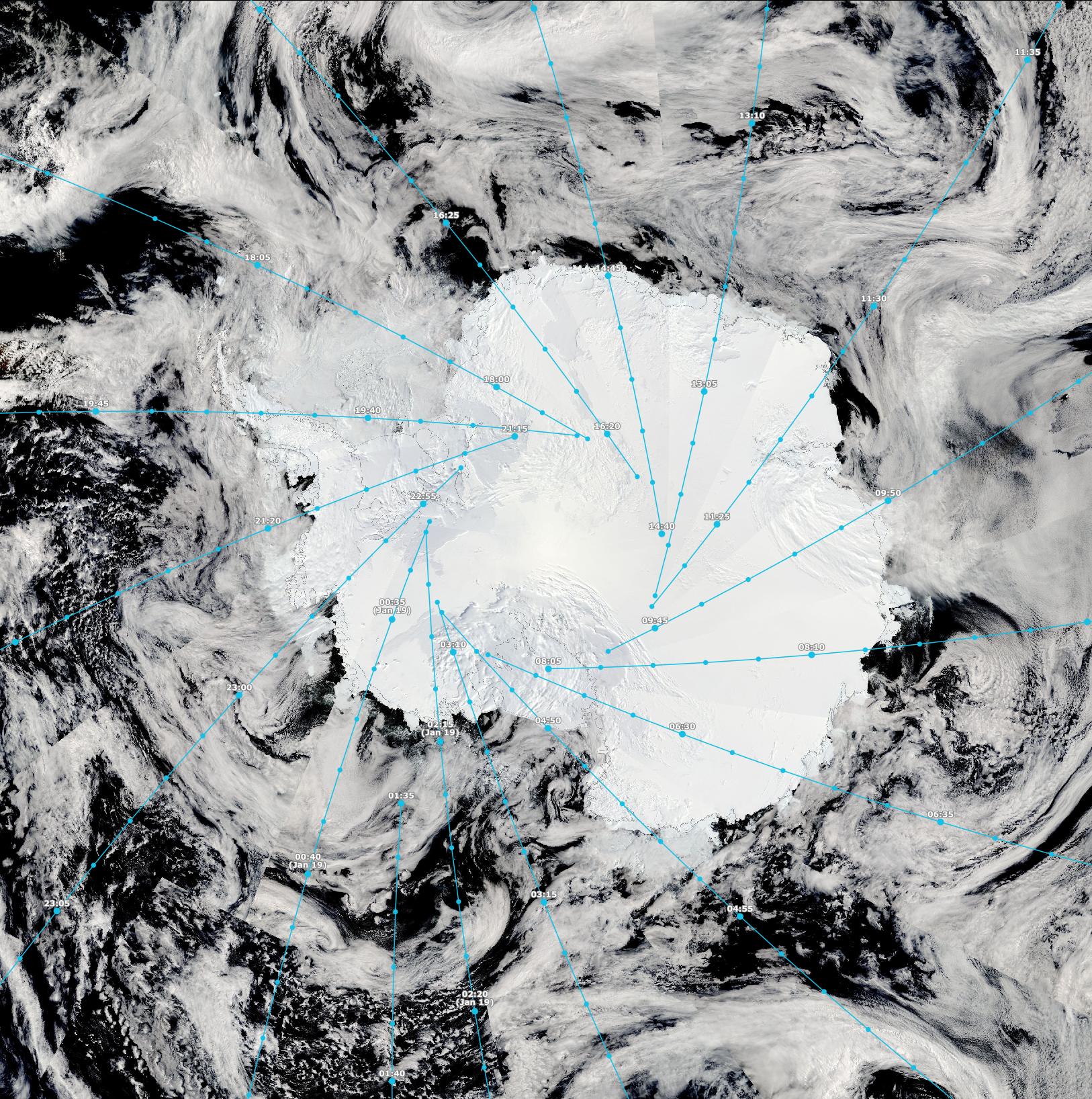 A satellite image of Antarctica and clouds. Blue lines show satellite overpass tracks. 