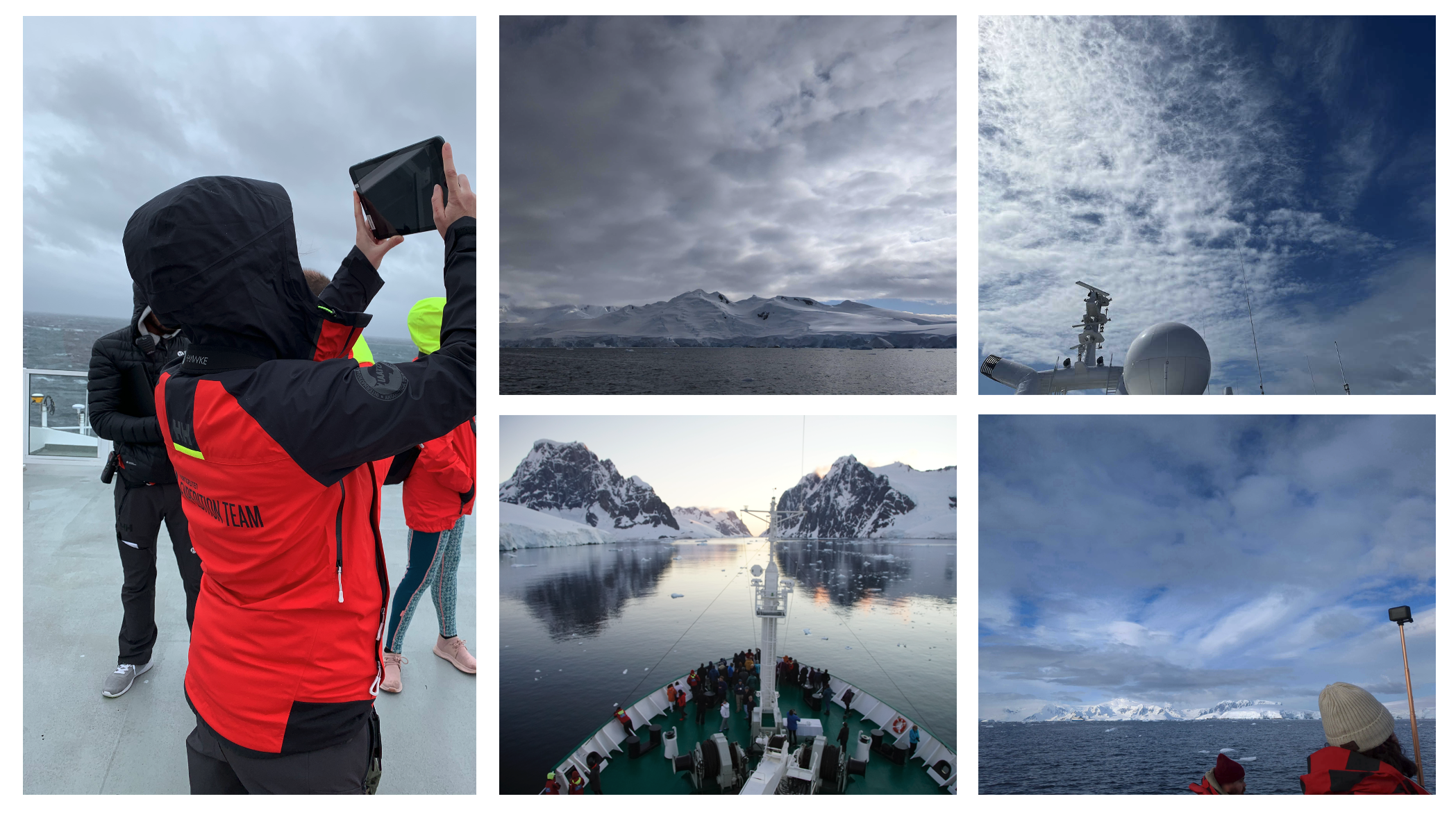 A collage of five photos. In the far left, a person in a coat and hood holds a cell phone or tablet up while taking a GLOBE clouds observation. In the center top is a photo of the shore of Antarctica, the ocean, and clouds. In the top right, the top of a ship is visible with clouds above. In the bottom center, people gather at the bow of a ship that is moving toward a snow and ice-covered shoreline. In the lower right, people on a raft photograph the Antarctic shoreline. 