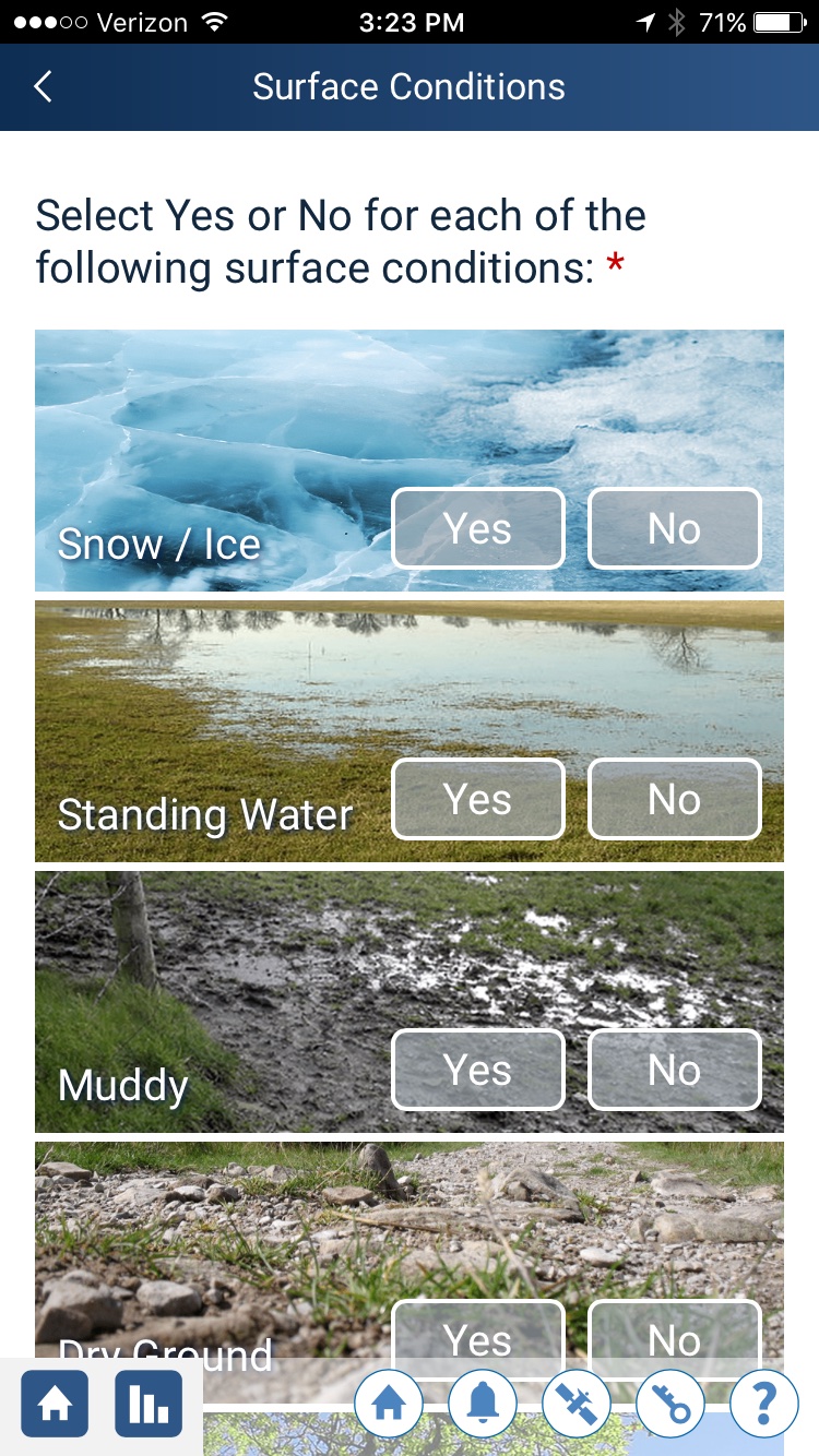 A screenshot of the GLOBE Observer app showing the screen where volunteers report surface conditions – snow/ice, standing water, muddy, and dry ground.