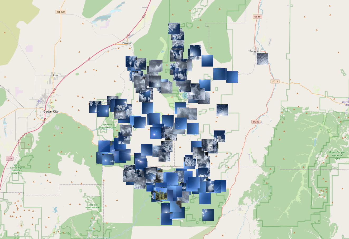 A map of southern Utah focused on Dixie National Forest. Small photo thumbnails show hundreds of photos taken around the forest. 