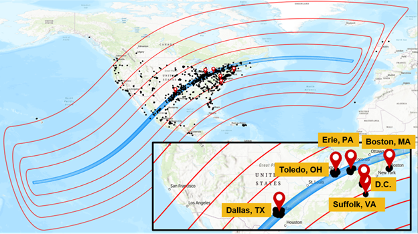 Map showing the eclipse path from April 2024 with points indicating where data was collected.