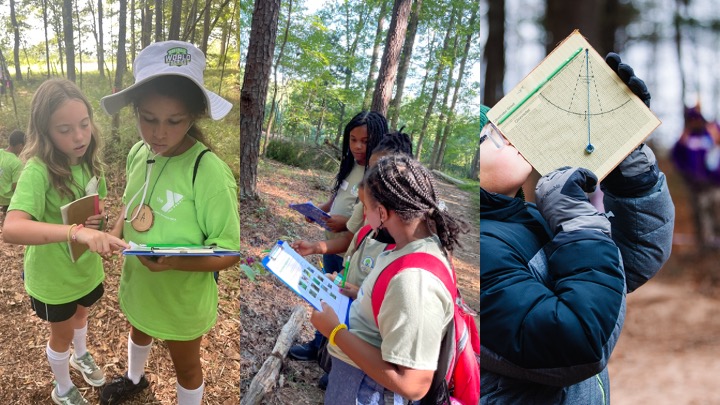 A photo collage of children studying trees. In the left photo, two girls in matching green shirts are standing in a forest and looking at a paper on a clipboard. Center, three girls dressed in matching tan shirts stand around a tree. One girl is holding a clipboard with a paper data sheet, which shows a grid of images related to the health of the tree. In the right image, a young boy wearing a coat, hat and glasses stands in a forest and holds a handmade paper clinometer on a clipboard to his eye. The clinometer has a straw taped to the top of the paper. A string weighted with a bolt hangs below the straw on top of a paper that shows an arc marked with ticks to indicate angle measurements. The boy is tilting the board so he can see the top of a tree through the straw. The string hanging over the arc indicates the angle to the top of the tree. 