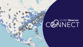 The image shows a map of the United States and Mexico. Gray and blue dots are scattered across the map indicating where GLOBE Cloud data was collected during the 2024 total solar eclipse. The dots are concentrated in a diagonal path from Texas north to Maine. Text overlaying the map reads: GLOBE Observer Connect.