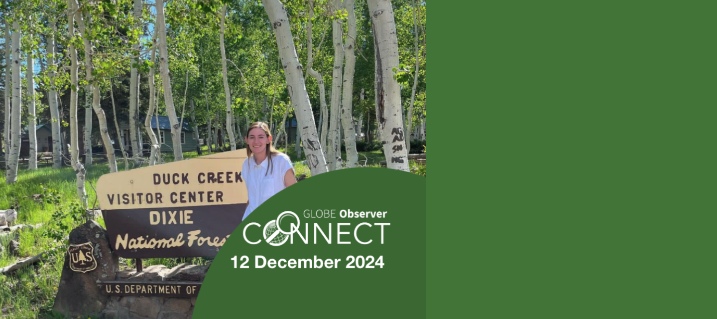 Callie Davis stands in front of a sign for the Duck Creek Visitor Center at Dixie National Forest in Utah, USA, with a grove of aspen behind her. The text overlay says GLOBE Observer Connect, 12 December 2024