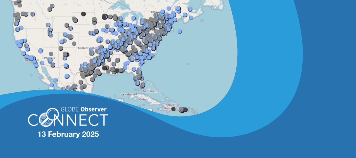 A map of North America with shaded circles representing overall cloud cover data collected via GLOBE on 08 April 2024. You can see a concentration of observations along the path of the total solar eclipse that day. The text overlay says GLOBE Observer Connect, 13 February 2025