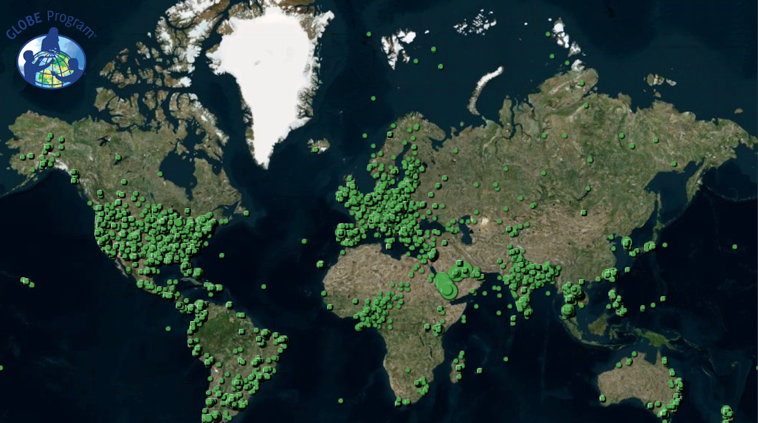 The picture shows a map of the world. Green dots indicate the distribution of GLOBE trees observations. The dots are most concentrated in the United States, Europe, and southern Asia with significant clusters in South America, western Africa and eastern Australia. The GLOBE Program logo is in the upper left corner.