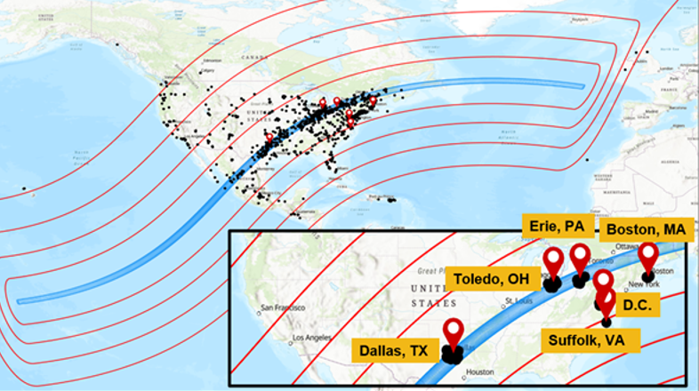 A map of North America with lines showing totality on April 2024 and varying levels of partial eclipse, as well as points representing locations of data collection with GLOBE Eclipse. An inset map shows pins for the six locations that were the focus of the research, Dallas, TX; Toledo, OH; Erie, PA; Suffolk, VA; Washington, D.C.; Boston, MA