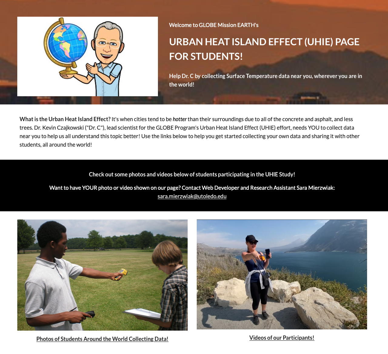 Photos of students measuring urban heat island effect in a field and by mountain lake.