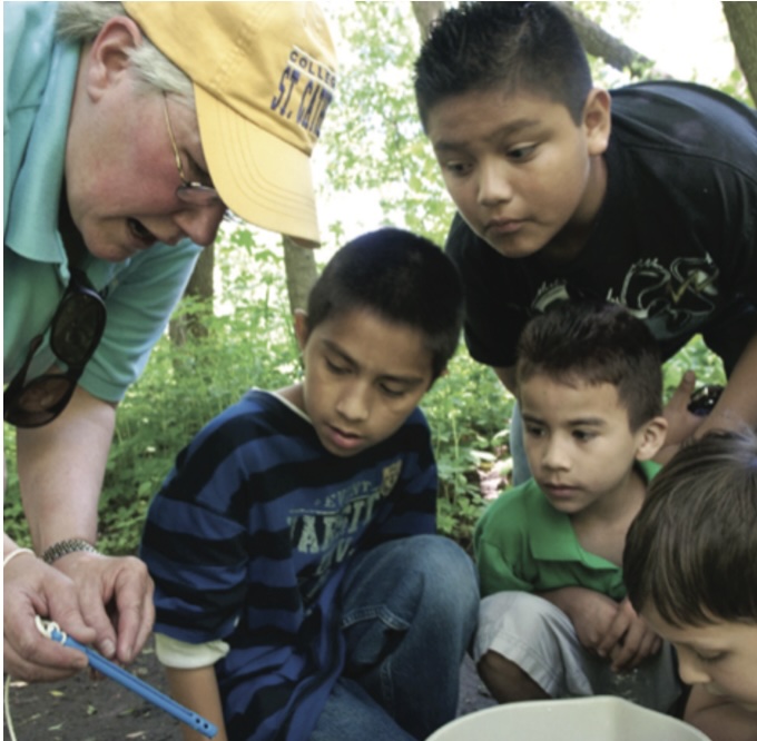 Mentor working with students in the field