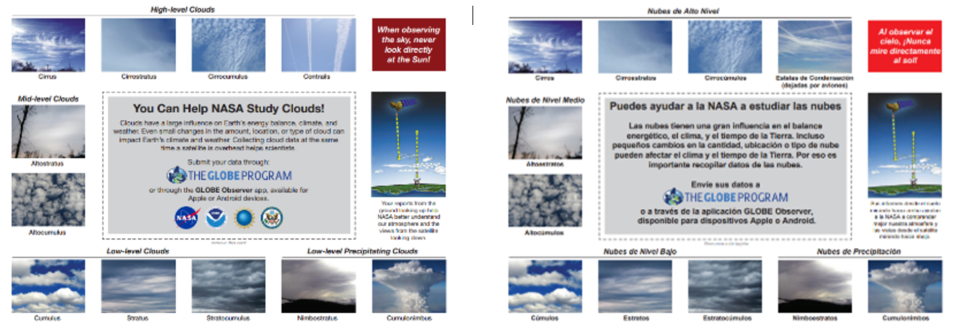 Sky windows in English and in Spanish to help identify different cloud types while observing the sky