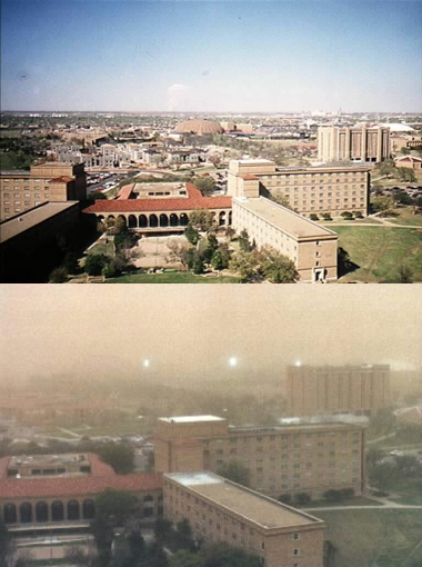 Two pictures taken from the same place at Texas Tech University, Lubbock, Texas, USA show: (upper) the bluish sky on a clear spring day in 1998, and (lower) the hazy sky on a dusty day (6 April 2001) at about 5:30 PM local time (pictures downloaded from http://www.atmo.ttu.edu/dust.html) 