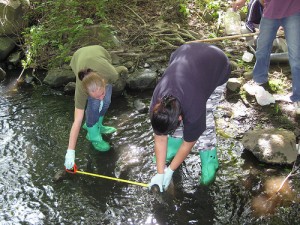 students completing GLOBE hydrology protocols