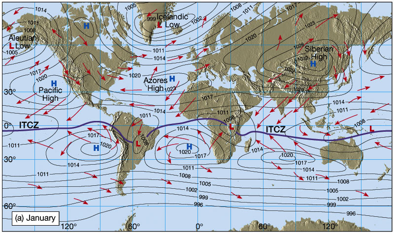 Southern shift of ITCZ in January. <br />From Figure 7.9 in The Atmosphere, 8th edition, Lutgens and Tarbuck, 8th edition, 2001.