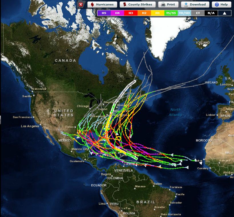US and Canadian landfalling hurricanes from 2000-2011.  Map courtesy of NOAA.